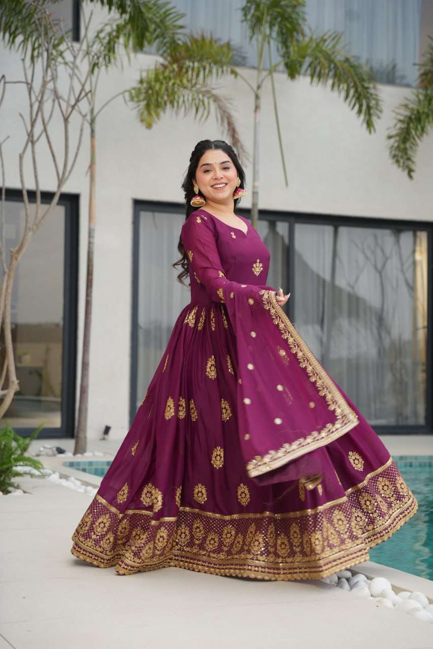 Women’s Ethnic Anarkali Style Floor-Length Gown in Magenta with Golden Zari Embroidery – Festive & Wedding Wear - Image 5